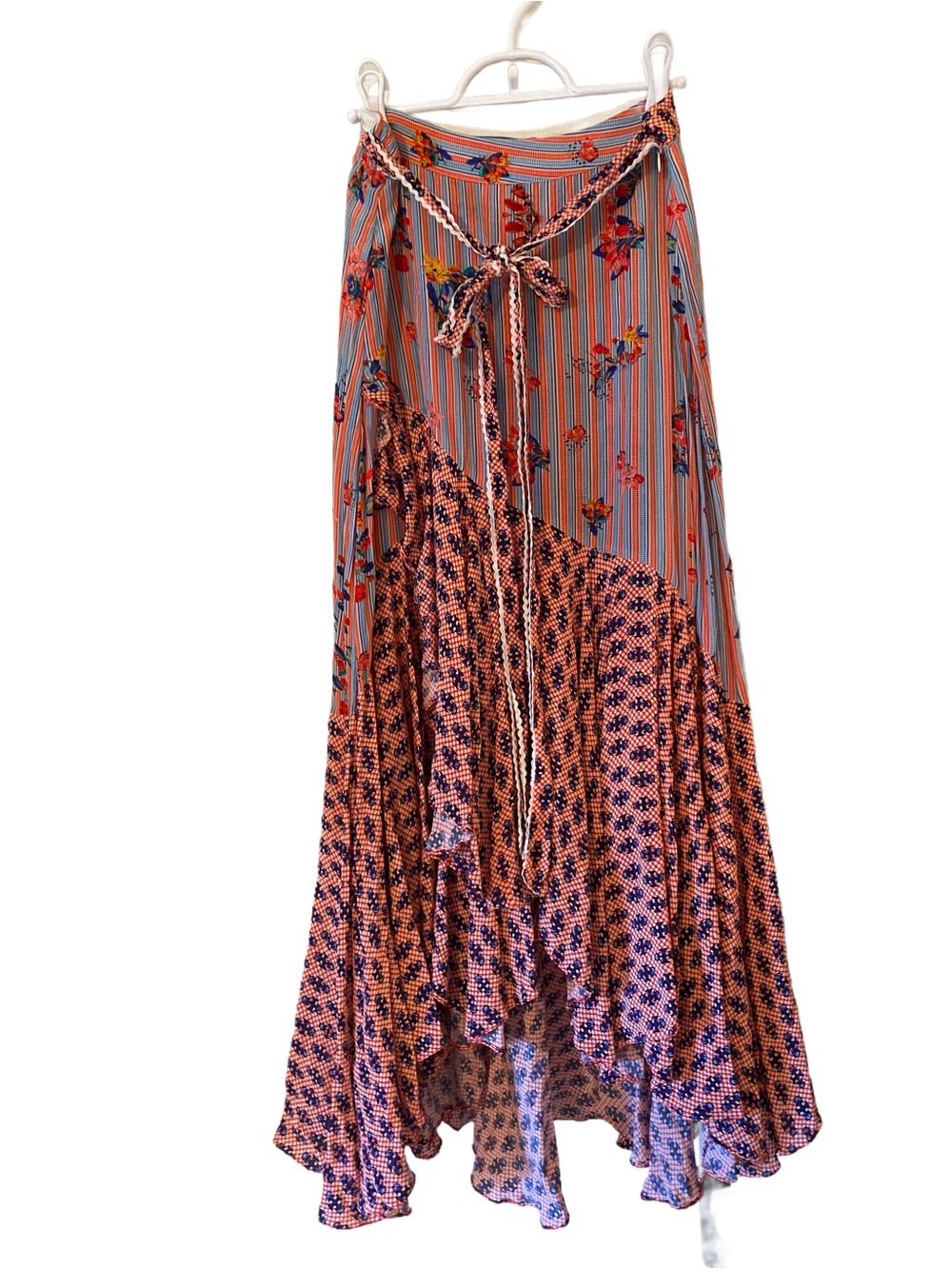 Mixed-Print Maxi Skirt in Coral and Blue with Tie Waist